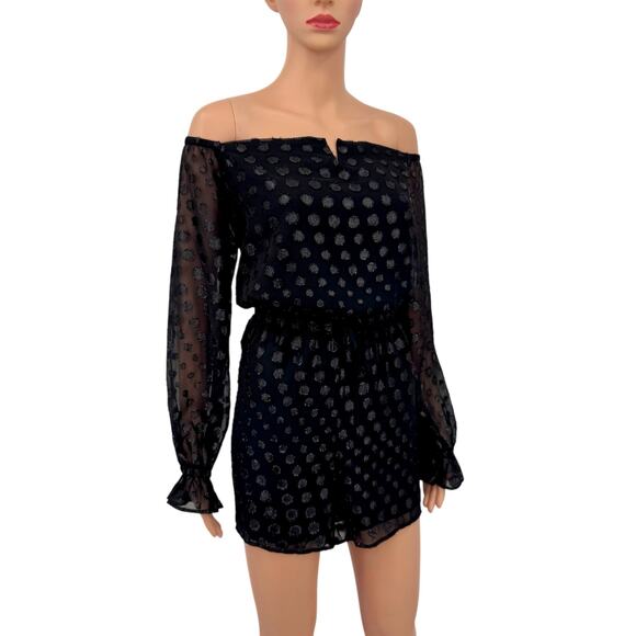 Express Black Metallic Polka Dot Romper Size M Off-Shoulder Long Sleeve NWT $88 - Picture 3 of 10